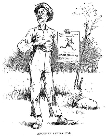 The Duke pointing to his $200 reward runaway hand-bill nailed to a tree.