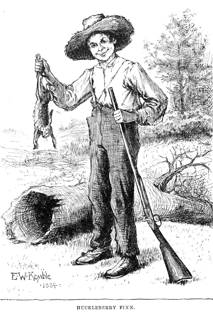 E. W. Kemble’s 1884 frontispiece: Huckleberry Finn grinning, a dead rabbit in one hand and a long rifle in the other.
