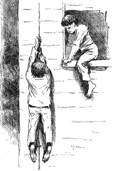 Huck sliding down the lightning-rod while Tom watches from the window.