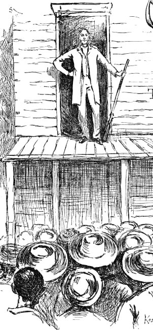 Sherburn with a gun on his porch roof above a sea of straw hats.