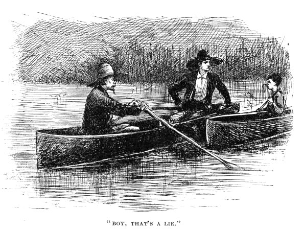 Two armed men in a skiff beside Huck’s canoe at night.
