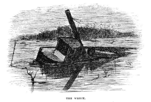 The steamboat Walter Scott tilted on a rock in the river at night.